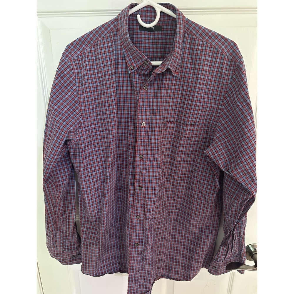 Uniqlo Men Button Up Shirt L Red And Blue Plaid Long Sleeve Cotton Collar Casual
